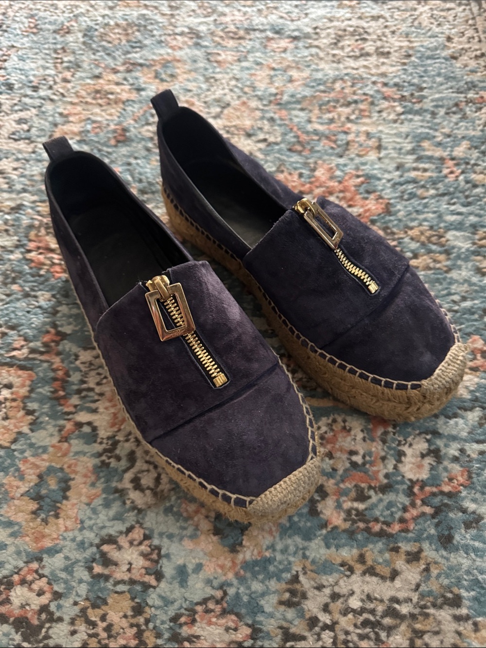 Roger Vivier Navy Suede Espadrille Slip-On with Gold Zip Accent